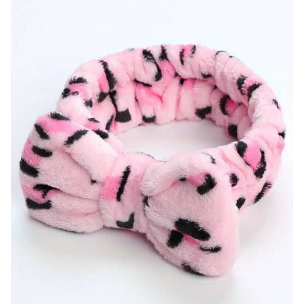 Ladies Plush Pink Leopard Headband for Washing Face and Make-Up